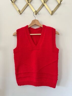 Vintage Bright Red Handknit Sweater Vest